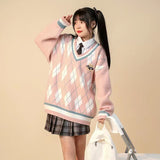 cold weather outfits Pink Rhombus Niche V-neck Sweater Female College Style Sweet Loose Slimming Top Autumn and Winter