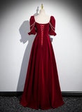 Uniwim Wine Red Velvet Short Sleeves Long Prom Dress, Wine Red A-line Evening Dress