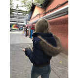 Uniwim outfit ideas winter 90 White Duck down Navy Blue Hooded Fur Collar Thickened Coat for Women 2024 Winter Small Short down Jacket