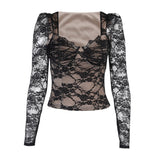 Chest Cup Lace Long-Sleeved Top Women's Spring Fashionable Sexy Black Waist-Tight V-neck Shirt