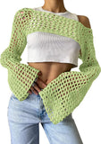 2000s fashion Sexy Hollow Sweater Solid Color round Neck Long Sleeve Knitted Blouse New