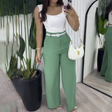 business casual women outfits chic Solid Color Square Collar Sling Simple Elegant Top with High Waist Wide Leg Straight Trousers Two-Piece Set