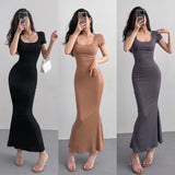 Uniwim 2024 Summer Solid Color Slim Long Dress Women Short Sleeve Skinny Bodycon Maxi Dresses Woman Square Collar Party Vestidos Mujer