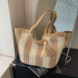 Uniwim Casual Stripes Straw Braid Shoulder Bags Tassel Zipper Large Capacity Grace Summer Tote Bags for Women 2024 Fashion Versatile