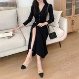 Uniwim Korean Chic Knitted Dresses for Women V-neck Long Sleeve Slim Bodycon Ruffles Party Dress Casual Autumn Winter New Vestidos