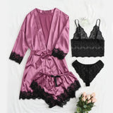 Uniwim Black Sexy Women's Pajamas Satin 4-piece Lace Silk Suspender Tops Shorts Robe Pajamas Set Nightgown Underwear Nightdress Suit