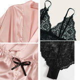 Uniwim Woman Sleepwear 4pcs Floral Lace Trim Satin Pajamas Set with Robe Sexy Faux Silk Pijamas Robe Sets Casual Home Clothes Nightwear sleepwear