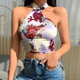 Uniwim Women Y2K 2000s Halter Tank Backless Dragon Print Chinese Knot Irregular Cheongsam Style Sexy Summer Bustier Crop Top