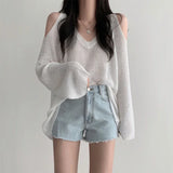 Autumn Winter Casual Fashion Hollow Out Bottoming Sweater Ladiesoff the Shoulder Knitting Top Women Sexy Loose V-neck Jumpers