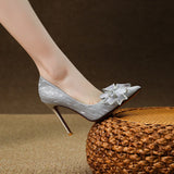 Uniwim Autumn/Winter New Thin Heel Pointed Head Shallow Mouth Silver Sexy Wedding Shoes High Heels Fairy Style Bow Office Single Shoes