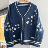 Uniwim 💖Autumn Star Embroidery Midnight 💖 Blue Cotton Knitted Cardigans Women Spring Warm Loose Fit Sweaters for Women Y2k Cardigan