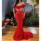 Uniwim Fashion Woman One Shoulder Red High Waist Dress Prom Sexy Mermaid Floor Length Dress Banquet Slim Fit Shiny Evening Gown