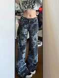 Uniwim Women Black Gothic Dragon Print Jeans Baggy Vintage Aesthetic Cowboy Pants Harajuku Denim Trousers Y2k Trashy 2000s Clothes 2024