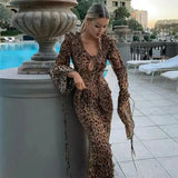 Uniwim Leopard Print Beach Dress Women Fashion Ruffle Lace Up Slim Long Dresses Sexy Chiffon Split Holiday Party Dress 2024 Summer