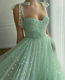 Uniwim Mint A-line Fairy Glitter Tulle Ankle Length Cocktail Dress Sweetheart Bow Straps Birthday Gown with Pockets WC9740