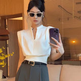 Uniwim Women Blouses V-neck Korean Style Elegant Chic White Sleeveless Shirts Black Crop Tops Office Style Old Money Aesthetic