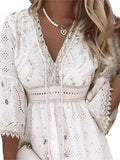 Uniwim Elegant Women White Hollow Lace Mini Dress Summer V-neck Patchwork Lace Up Three Quarter Sleeve Ladies Vacation Beach Dresses