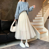 Uniwim Fairycore Women Tulle Skirt Elegant Bow Layered Coquette Mid Length Skirts Kawaii Mesh Sweet Korean Style A-line Skirt