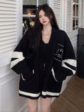 Uniwim Korean School Student Black Baggy Cardigan Women Preppy Style Oversized Loose Letter Embroidery Knitted Top Autumn