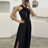 Uniwim Fashion Banquet Halter Hollow Out Party Dress Women Temperament High Waist Slim Maxi Dress Elegant Sexy Pleated Slit Long Dress