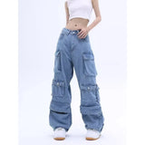 Uniwim Multi-Pocket Blue Washed Jeans Cargo Pants Y2k Retro Streetwear Fashion High Waist Jeans Couple Harajuku Casual Wide Leg Pants