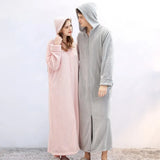 Uniwim Fall Winter Nightgown Zipper Bathrobe Men Hooded Nightgown Couples Pajamas Flannel Long Nightdress Sleepwear Women Nightwear