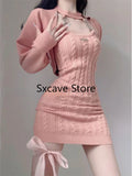 Uniwim Autumn Pink Knitted Suits Office Lady Casual Y2k Crop Tops + Mini Dress Korea Fashion Clothing Even Party 2 Piece Dress Set