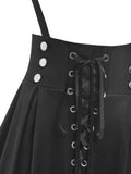 Uniwim Plus Size Fashion Buttons Suspender Skirts Women Black Pleated Lace Up Basic Corset Flare Skirt Knee-Length Casual Skirt