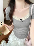 Uniwim Coquette Y2k Sexy Lace Cropped Knitted Top Women Sweet Girls  Slim Wrap Short Sleeve T-shirt 2024 Spring Summer