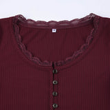 Uniwim Y2k Coquette Lace Slim T-shirts Button Long Sleeve Tops Knitted Cute Basic Harajuku Tee clothes for women.