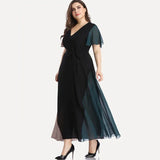 Uniwim Plus Size V-neck Summer Elegant Chiffon Party Dress Women Short Sleeve Maxi Casual Dress Sash Waist Fit Flare Evening Dress 6XL