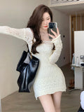 Uniwim Autumn Elegant Knitted Dress Women Long Sleeve Lace Short Party Dress Korea Fashion Slim Sexy Y2k Mini Dress Female Vintage