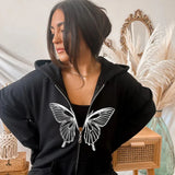 Uniwim Retro Aesthetic Butterfly Graphic Black Goth Jackets Y2K Zip Hoodies Coat Vintage Slim Sweatshirts Streetwear Autumn Clothing