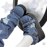 Uniwim Y2K Star Print Chunky Platform Ankle Boots Women New Metal Chain Blue Denim Boots Woman Cute Thick Bottom Jk Lolita Shoes