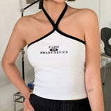 Uniwim Sexy Halter Backless Strappy Tanks Sleeveless Graphic White Crop Tops Y2k Clothing Girls Summer Punk Goth Top Woman's Camisole