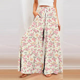 Spring Autumn Bamboo Cotton Fashion Fragmented Flowers Women's Long Skirt Wide Leg Pants 3D Printing Casual Floor Dragging Pants