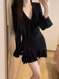 Uniwim Winter Sexyv-neck Mini Black Dress Women French Vintage Irregular Ruffles Design Dress Autumn Korean Elegant Fashion Party Dress