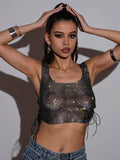 Uniwim Y2K Square Collar Glitter Crop Top for Women Night Club Party Sexy See-through Tank Tops Sides Lace-up Backless Short Vest