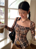 Uniwim Y2K Vintage Plaid Blouse Women Harajuku Square Collar Cropped Shirts Korean Sexy Slim Sunscreen Corset Tops Spicy Girls