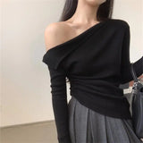 Uniwim Women Tops Long Sleeve Oblique Collar T-Shirt Autumn Winter New Irregular Hem Slim Casual Top Ladies Off Shoulder Shirts