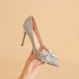 Uniwim Autumn/Winter New Thin Heel Pointed Head Shallow Mouth Silver Sexy Wedding Shoes High Heels Fairy Style Bow Office Single Shoes