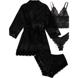 Uniwim Black Sexy Women's Pajamas Satin 4-piece Lace Silk Suspender Tops Shorts Robe Pajamas Set Nightgown Underwear Nightdress Suit