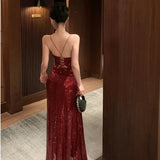 Uniwim Sexy Backless Sequined Maxi Dresses for Women V-neck Lace-up High Split Evening Luxury Dress Fashion Birthday Party Prom Robe