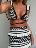 Uniwim Fashion Striped Knitted Ruffle Beach Bikini Skirt Sets Women Sexy Vest Strap Slim Bohemian Outfits Holiday Vacation 2 Piece Sets