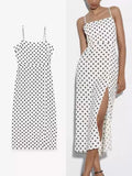 Uniwim Women's Elegant Dot Slim Halter Split Dress Vintage Sexy Sleeveless Dress Casual Spaghetti Straps Strapless Long Dresses