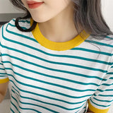 Short Sleeve T-shirts Women Striped Basic Chic Simple All-match Harajuku Retro Cotton O-neck Trendy Loose Leisure Cozy Womens