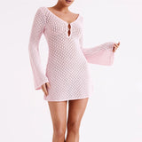 Uniwim Women Knit Beach Dress Bikini Cover-up Long Sleeve V Neck Backless Hollowed Solid Crochet Tunic Mini Dress Female Clubwear