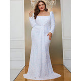 Uniwim Plus Size Square Neck Sequin Luxury Extra Long Glitter Evening Gown Big Size Women Wedding Banquet White Sequin Evening Dress