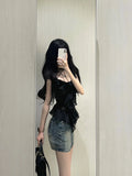 Uniwim 2024 Casual Chiffon Blouse Y2k Crop Tops + Mini Jean Skirts Korean Fashion Clothing 2 Piece Skirt Suits Outwear Even Party Denim