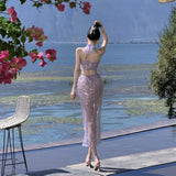 Uniwim-2024 New Summer Purple Sequin Set for Women Sexy Split Half-body Dress Beach Holiday Casual Elegant 2 Pieces Female Clothing